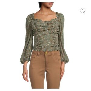 ASTR the Label Sage Green and Brown Floral Ruched Square Neck Top, Size Medium